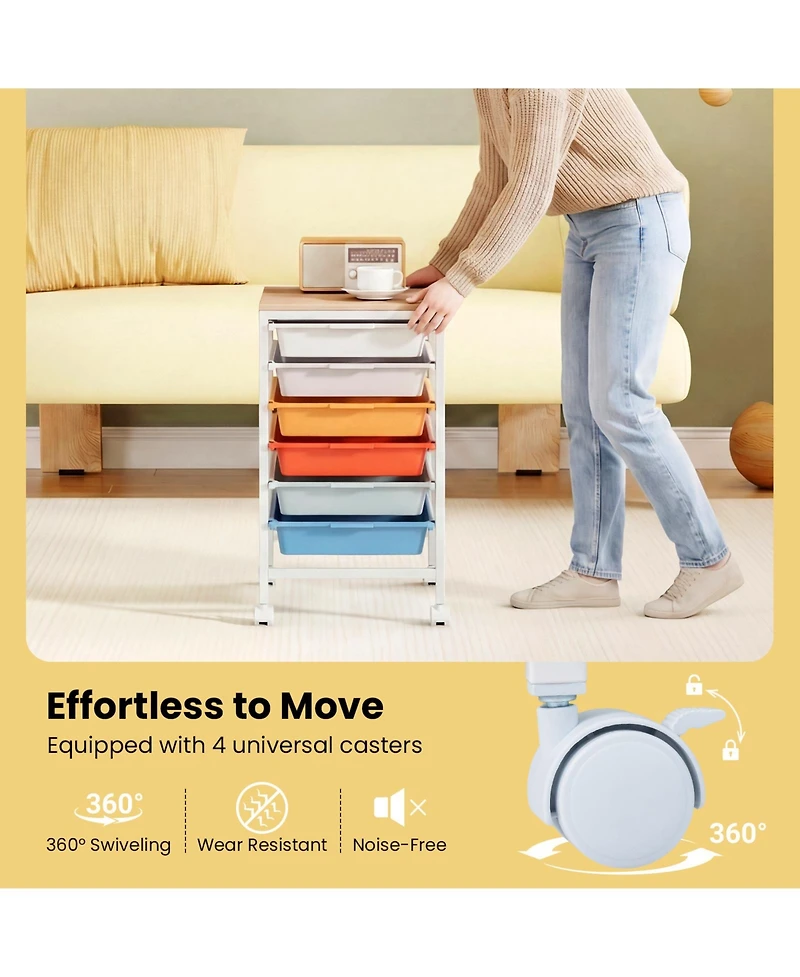 Mecale 6-Drawer Rolling Storage Cart with Wooden Tabletop