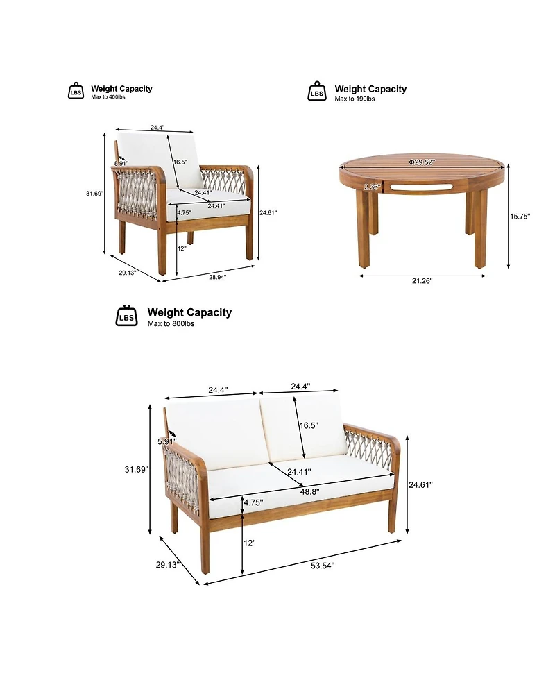 Asagikoiai 4 Piece Acacia Wood Patio Conversation Set with Rope Armrests and Cushions