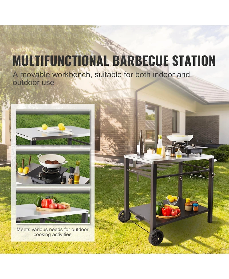 Vevor Outdoor Grill Dining Cart Double-Shelf Bbq Movable Food Prep Trolley Patio