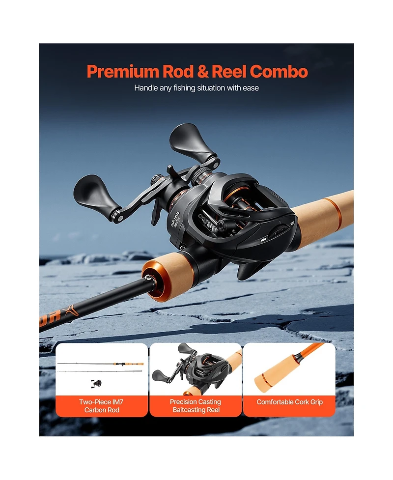 Hongge IM7 Carbon Fiber Baitcasting Rod and Reel Combo 6.5 ft with Cork Handle and Ceramic Ring Guides