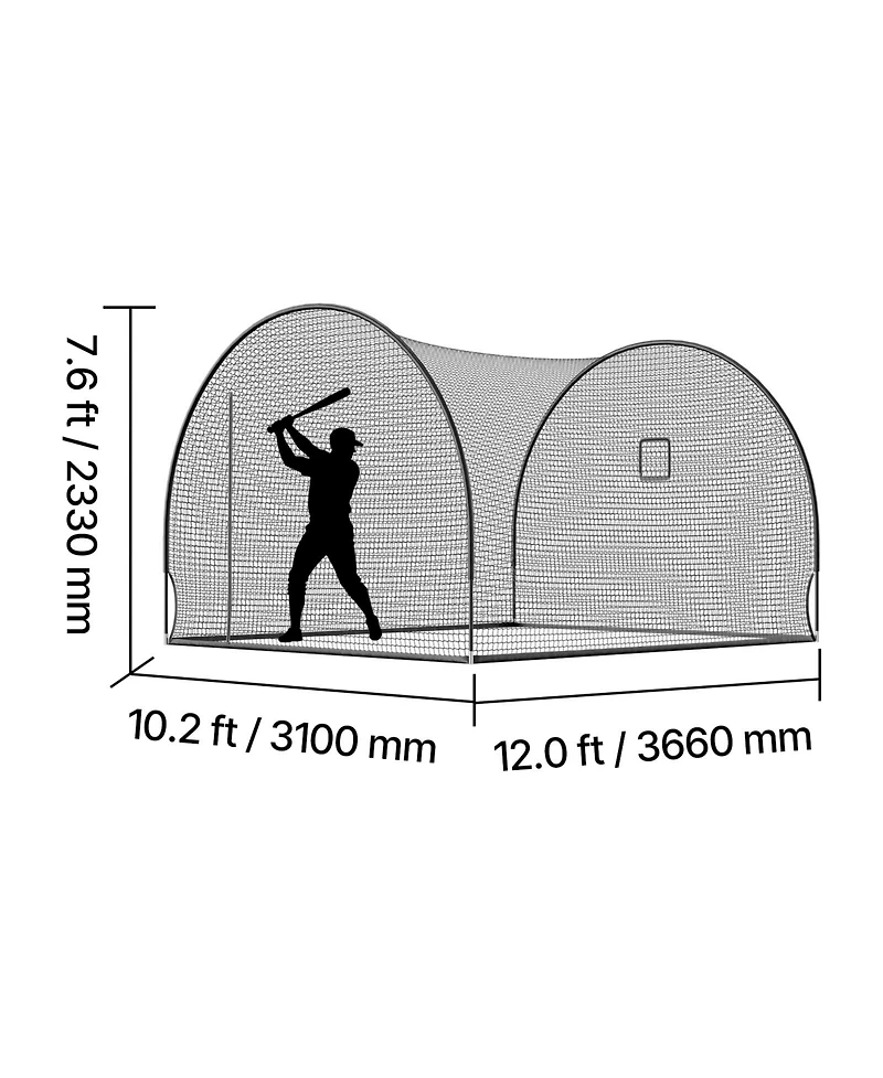 Hongge Freestanding Baseball Batting Cage 12 x 10.2 x 7.6 ft with 4-Ply Knotless Netting and Pitching Machine Opening