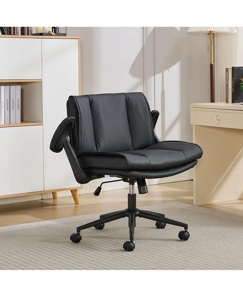 Maison Boucle Cross-Legged Office Chair on Wheels with Flip-Up Armrests, Faux Leather Upholstered Wide Seat Swivel Desk