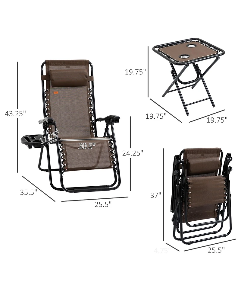 Mountaintop Zero Gravity Chair Set 3 Piece Recliner with Side Table Cup Holder Headrest Brown Poolside Camping