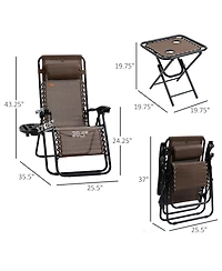 Mountaintop Zero Gravity Chair Set 3 Piece Recliner with Side Table Cup Holder Headrest Brown Poolside Camping