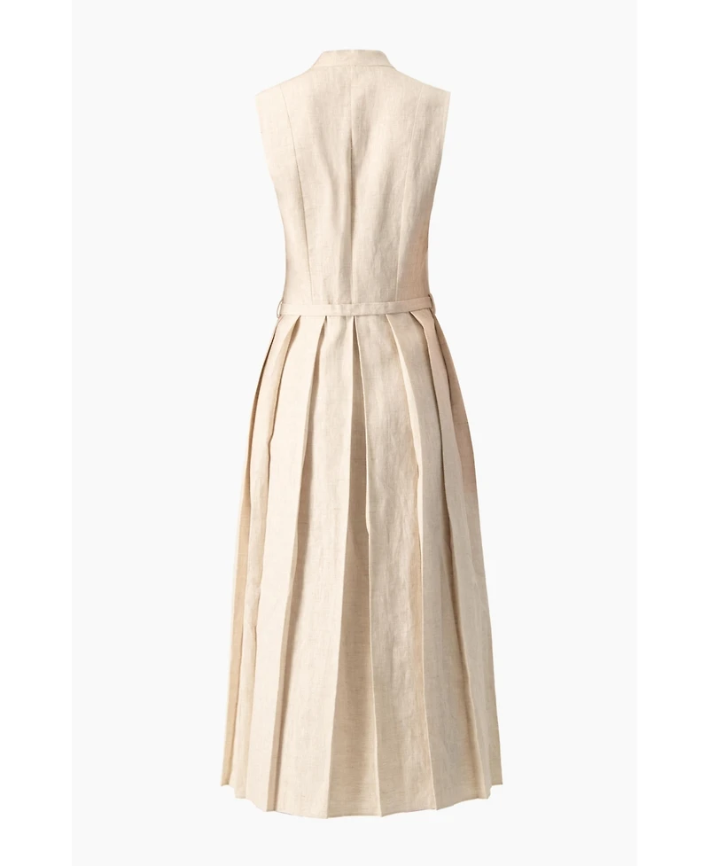 Ivonne Women's Linen Belted Band Collar Midi Shirtdress