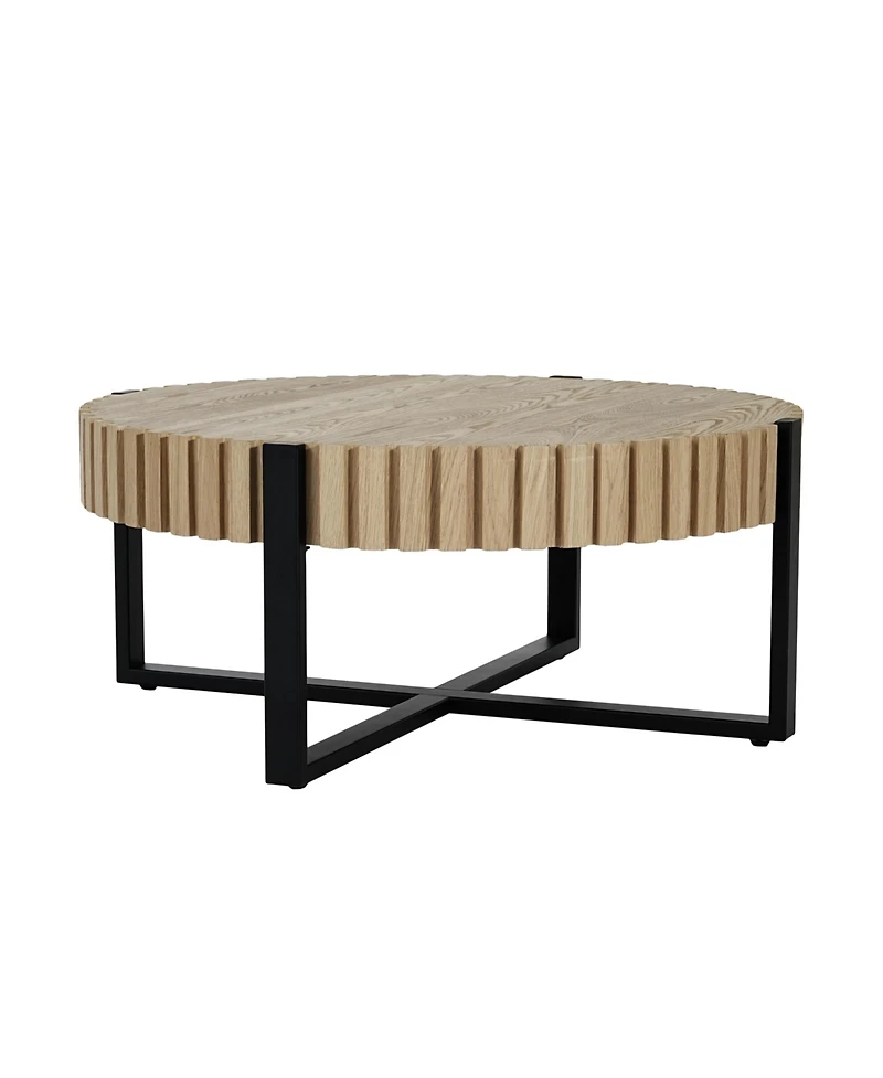 Flynama 31.5" Round Drum Coffee Table Mdf Wood Grain Industrial Metal Base