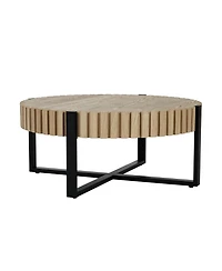 Flynama 31.5" Round Drum Coffee Table Mdf Wood Grain Industrial Metal Base