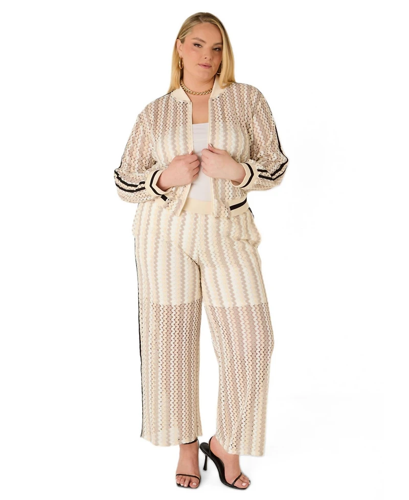 Ashley Stewart Plus Striped Crochet-Knit Bomber Jacket