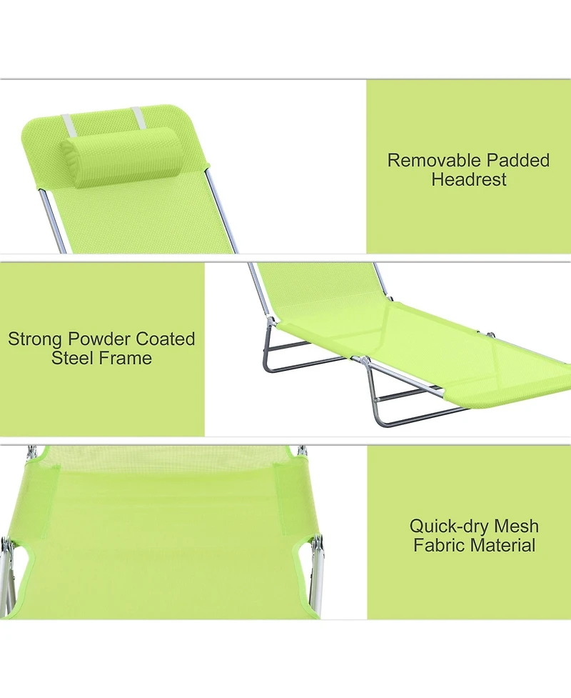 Mountaintop Folding Chaise Lounge Chair, Green, Portable, 6-Level Adjustable Back, Pillow Included, Ideal for Patio, Garden, Beach