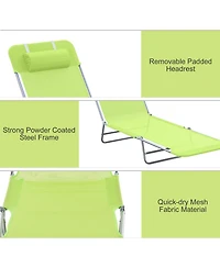 Mountaintop Folding Chaise Lounge Chair, Green, Portable, 6-Level Adjustable Back, Pillow Included, Ideal for Patio, Garden, Beach