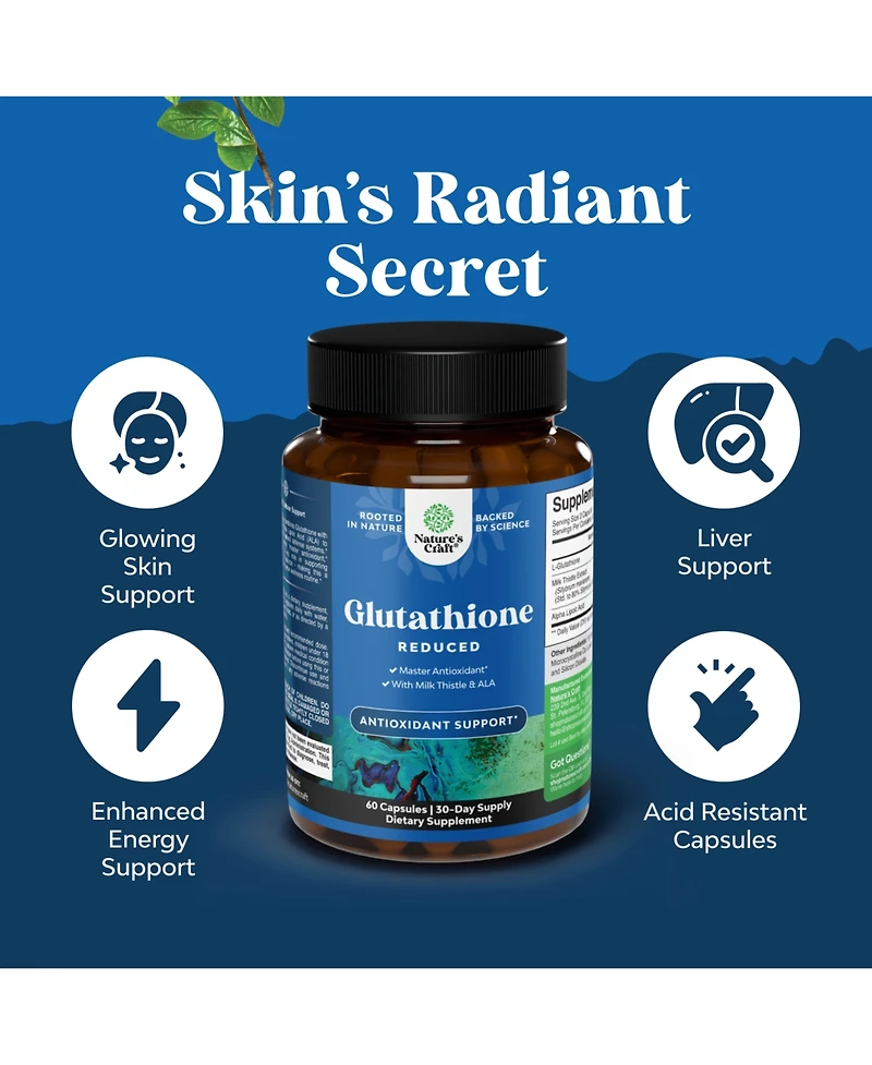 Nature's Craft Reduced L-Glutathione Supplement with Alpha Lipoic Acid and Milk Thistle | 60 Capsules