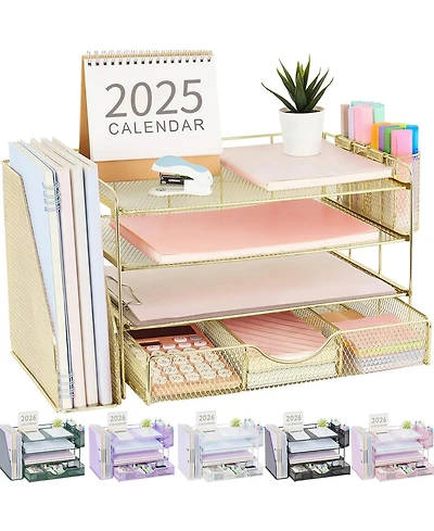 Danrong Metal Mesh Desk Organizer with File Holder Sliding Drawer and Pen Holders