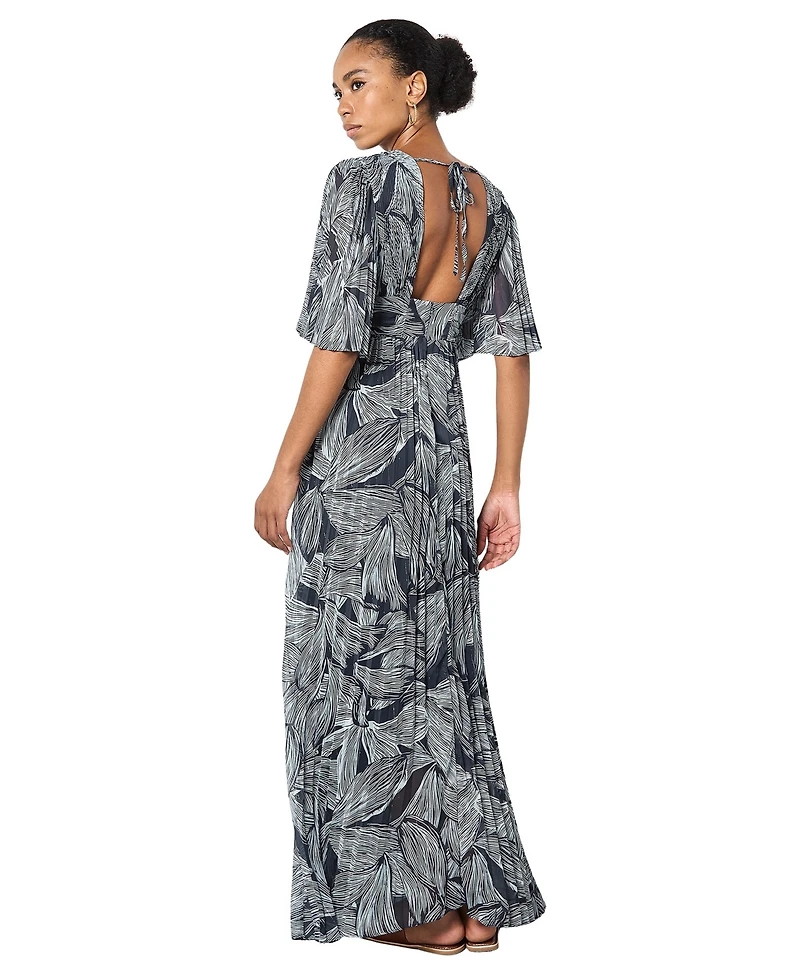 Apricot Women's Floral-Print Short-Sleeve Pleated Chiffon Maxi Dress