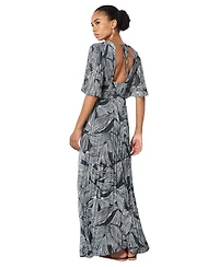 Apricot Women's Floral-Print Short-Sleeve Pleated Chiffon Maxi Dress
