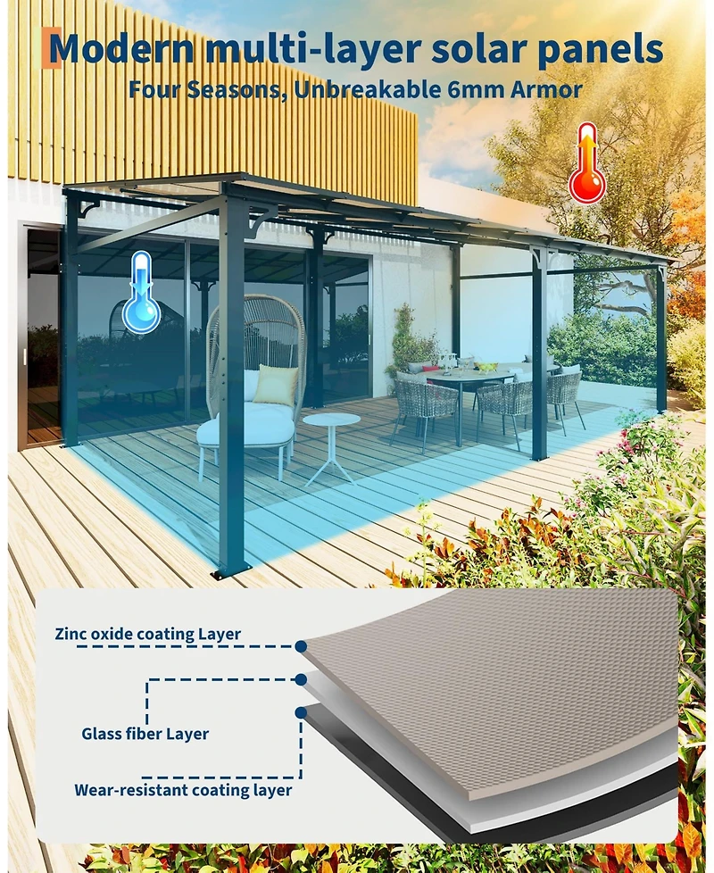 12x20 Ft Wall Mounted Hardtop Gazebo, Aluminum Lean To Pergola with 6mm Polycarbonate Roof, Uv Resistant Outdoor Patio Shelter for Backyard Deck