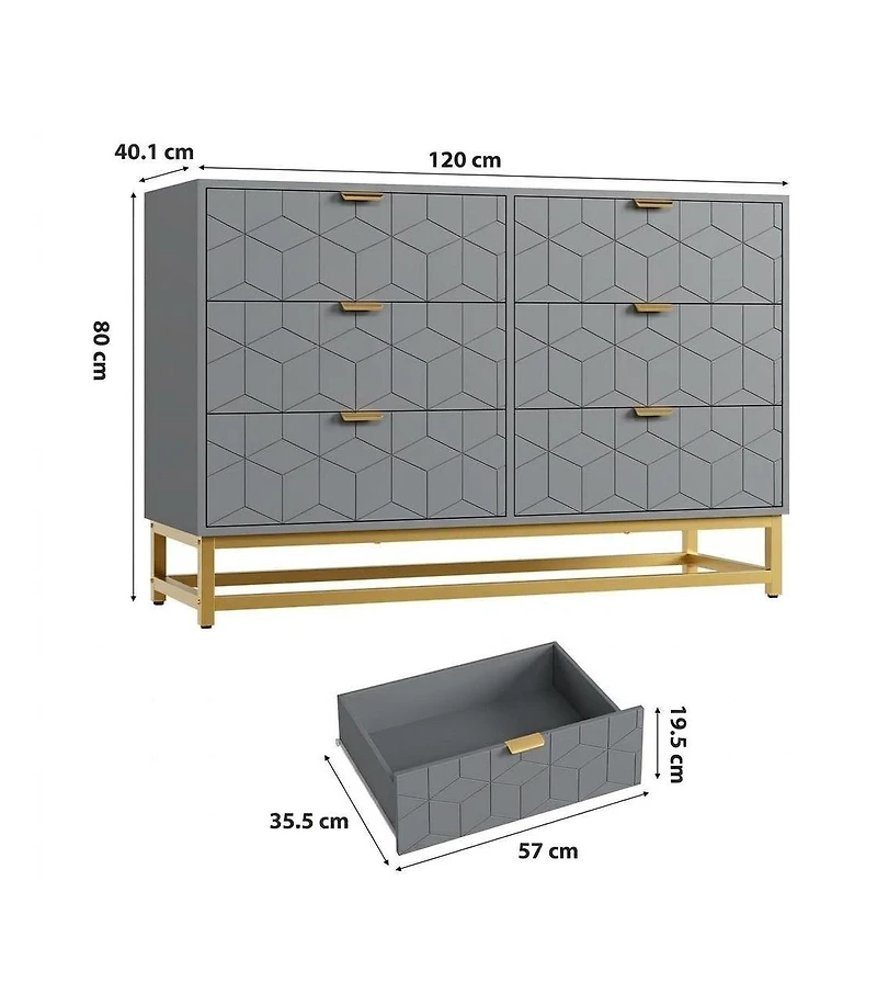 Dresser for Bedroom, 6 Drawer Dresser with Metal Legs, Wood Dressers Chest Organizer with Wide Storage, Modern Chest of Drawers for Bedroom, Hallway