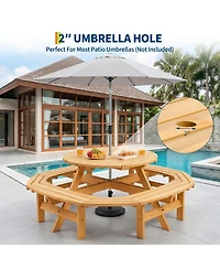 8 Person Wooden Picnic Table, Outdoor Model with 4 Built-in Benches, Circular Dining Set with Umbrella Hole for Garden Patio Backyard