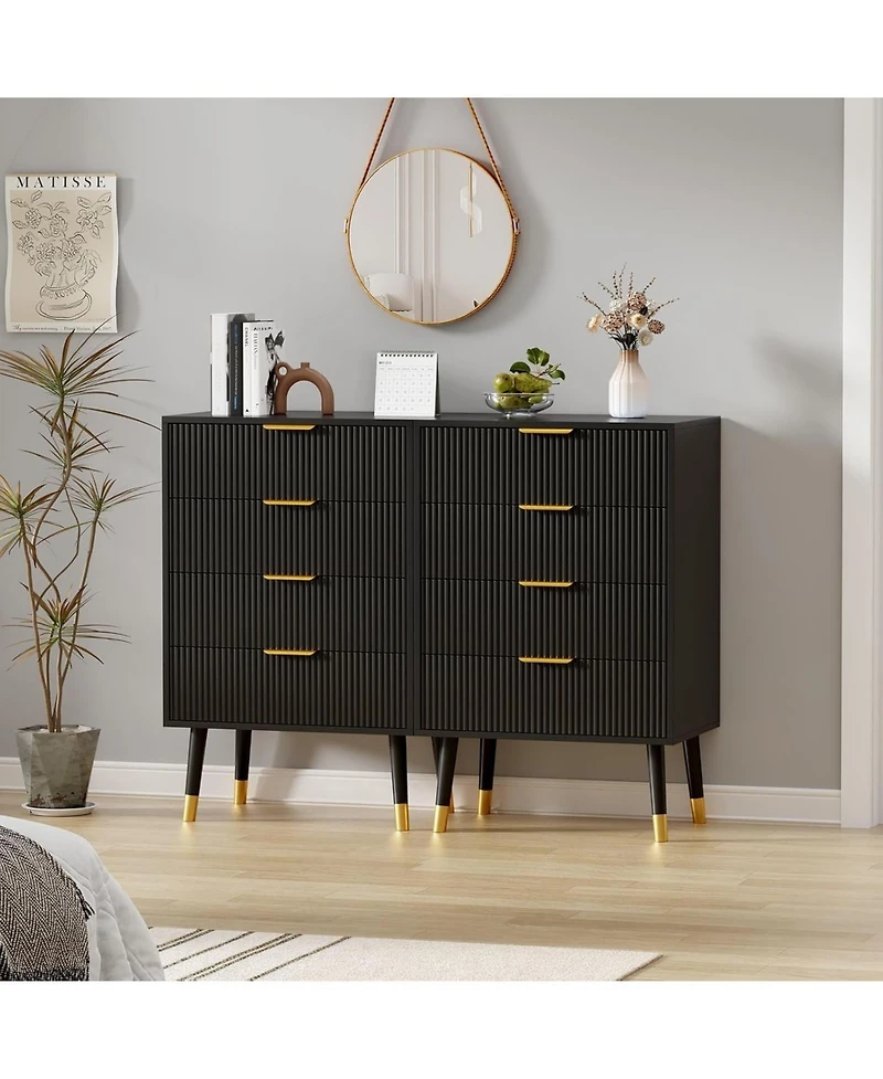 2 Set of Modern 4 Drawer Storage Chests, Compact Cabinet With Grooved Panels And Metallic Pulls, Fit Bedside, Bedroom And Entryway