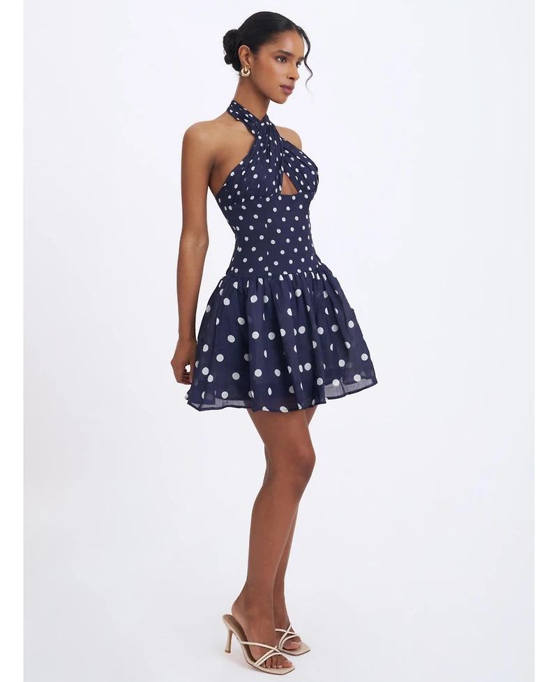 Miss Circle Women's Yamina Navy Polka Dot Ramie Crossover Halter Gathered Mini Dress