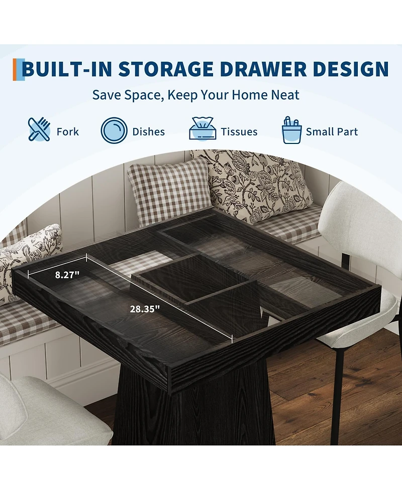 Square Dining Table for 4, 31.5" Engineered Wood Kitchen Table with 2 Storage Drawers, Pedestal Base for Dining Room and Breakfast