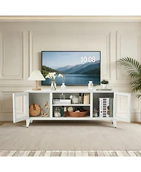 47.3" Modern White Metal Media Console with Glass Doors and Adjustable Shelves