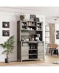 70 in Tall Farmhouse Coffee Bar Cabinet, Kitchen Hutch with Sliding Barn Door, Buffet with Wine Rack and Glass Holder for Dining Room, Living Room
