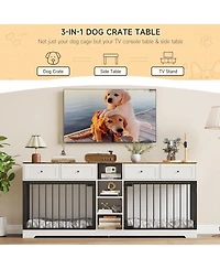 82" Double Dog Crate Furniture with Drawers and Shelves, Heavy Duty Wooden Dog Crate Tv Stand, Large Dog Kennel Indoor for 2 Medium/Large Dogs