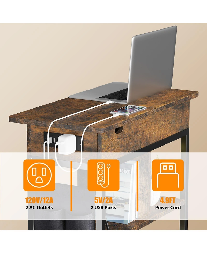Narrow End Table with Charging Station and Turnover Storage Shelf, Rustic Brown Mdf Wood Side Table with Usb Ports for Living Room Bedroom Office