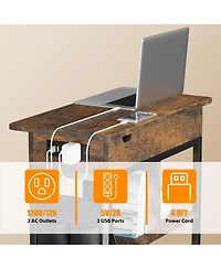 Narrow End Table with Charging Station and Turnover Storage Shelf, Rustic Brown Mdf Wood Side Table with Usb Ports for Living Room Bedroom Office