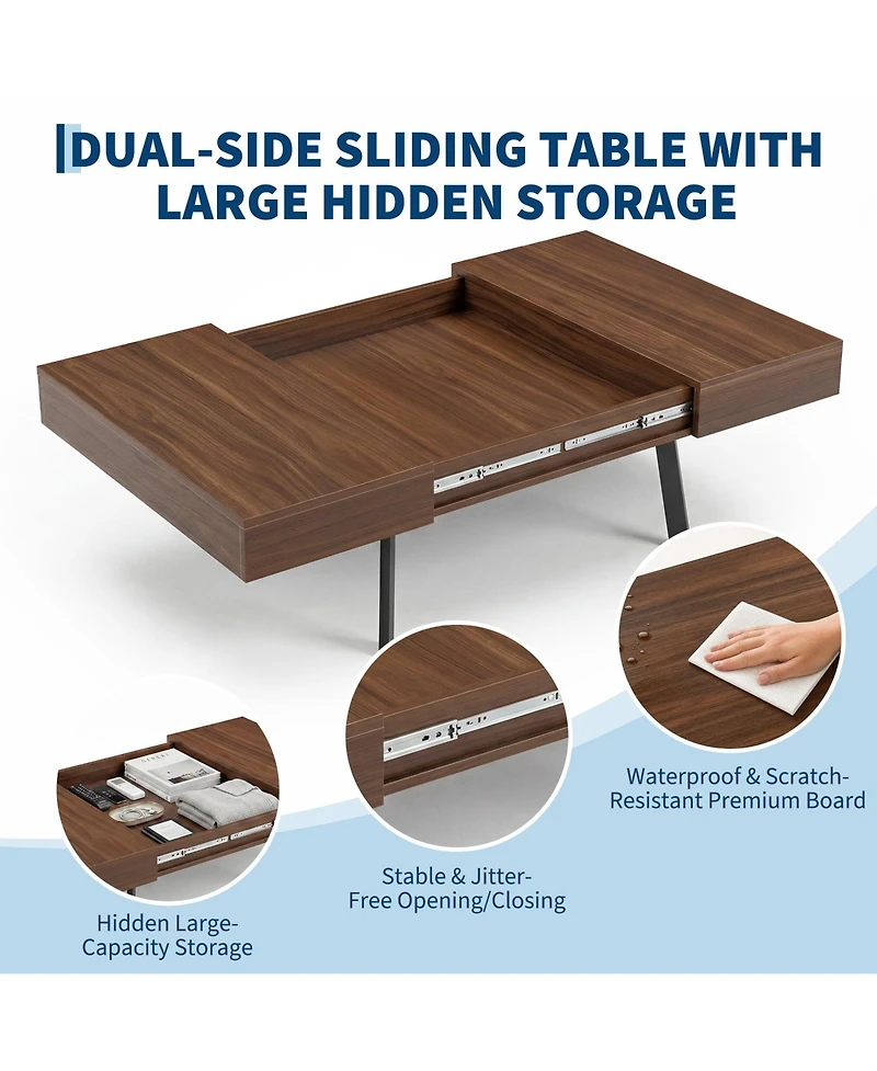 Walnut Coffee Table with Hidden Storage and Sliding Top, Engineered Wood Rectangular Cocktail Table for Living Room Apartment Office