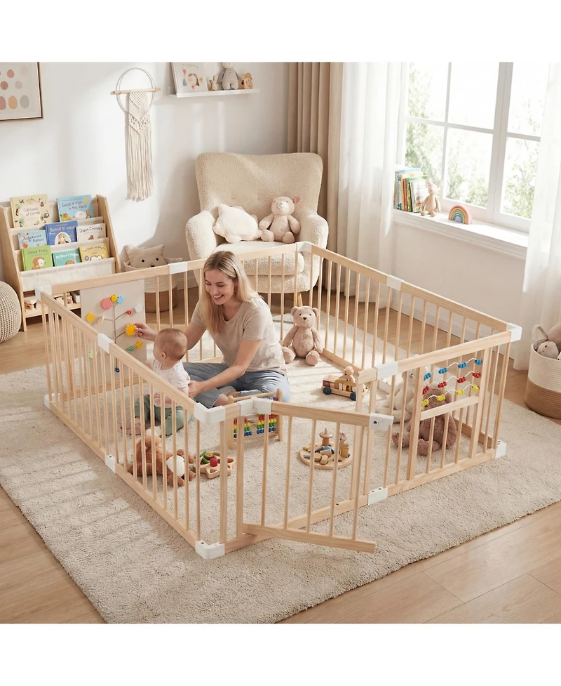 Slickblue Large Adjustable Wooden Playpen for Babies, Infants and Toddlers