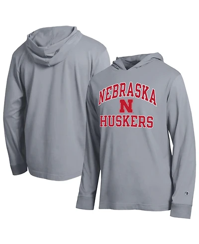 Champion Men's Heather Gray Nebraska Huskers High Motor All-Star Long sleeves Hooded T-Shirt