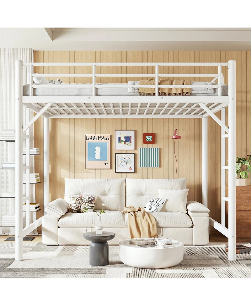 Streamdale Furniture Full Size Metal Loft Bed with Ladder and Guardrails