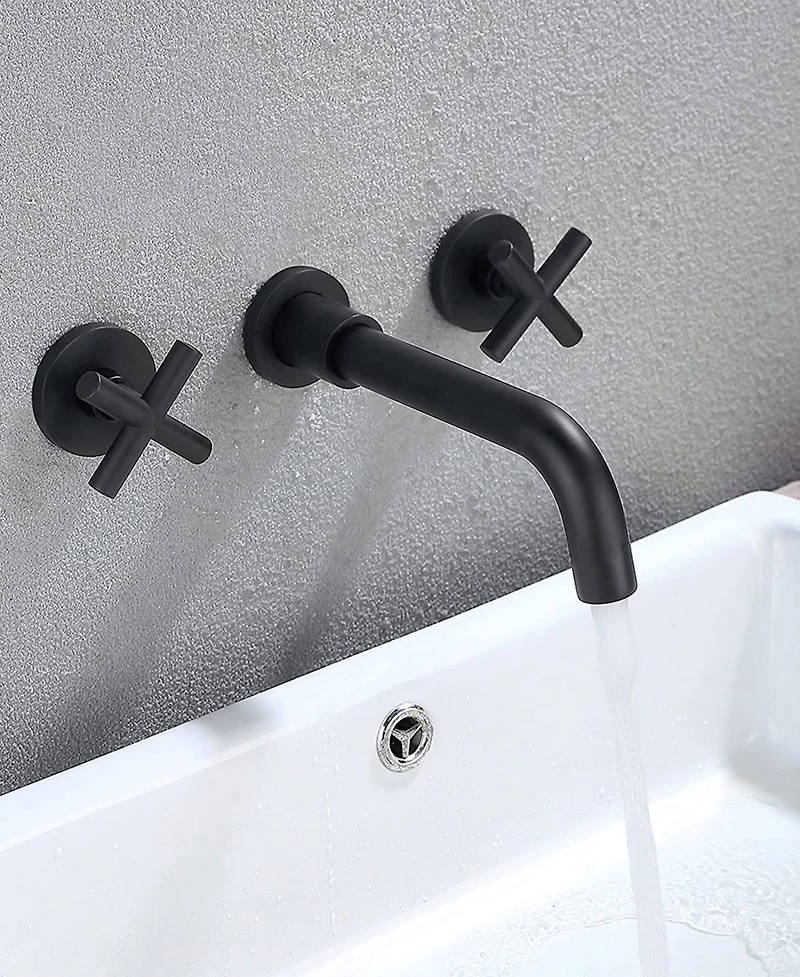 Thirtypeachy Wall Mounted Bathroom Sink Faucet, Solid Brass with Dual Cross Handles and Drip-Free Cartridge