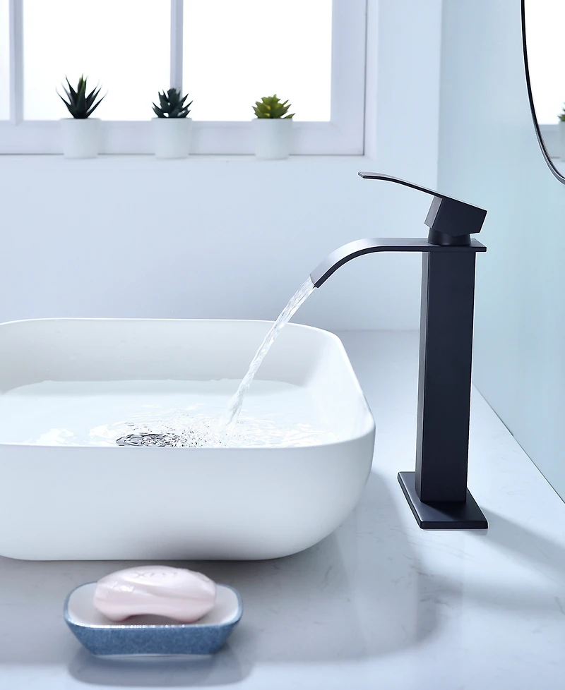 Thirtypeachy Single Handle Waterfall Bathroom Sink Faucet, Stainless Steel Vessel Faucet with Pop-Up Drain, No Overflow