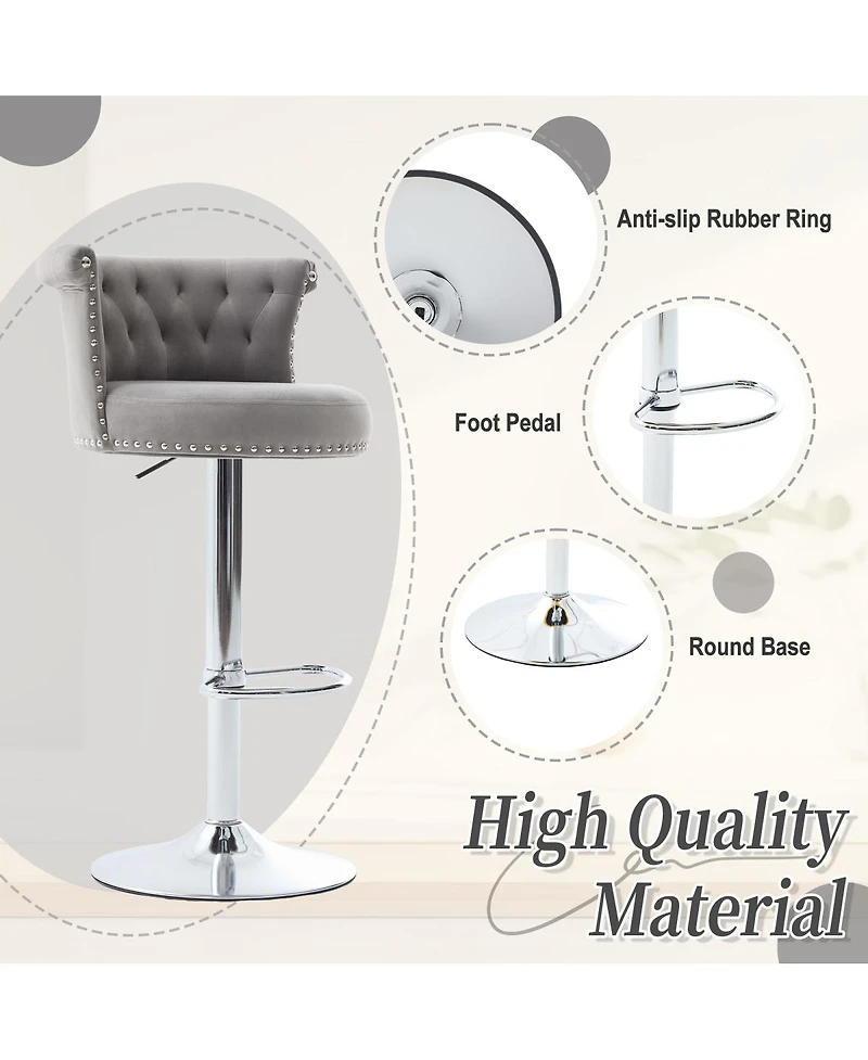 Streamdale Furniture Velvet Swivel Bar Stools Set of 2 with Chrome Nailheads