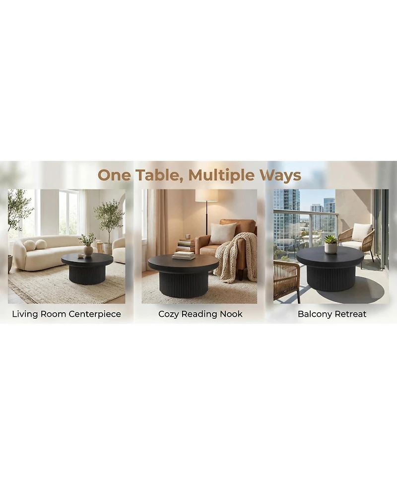 Streamdale Furniture 33.5" Round Fluted Wood Parquet Coffee Table, Mid-Century Modern Cocktail Table