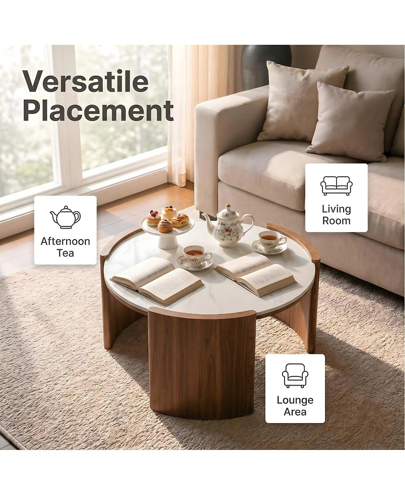 Streamdale Furniture Modern Round Sintered Stone Coffee Table with Walnut Legs