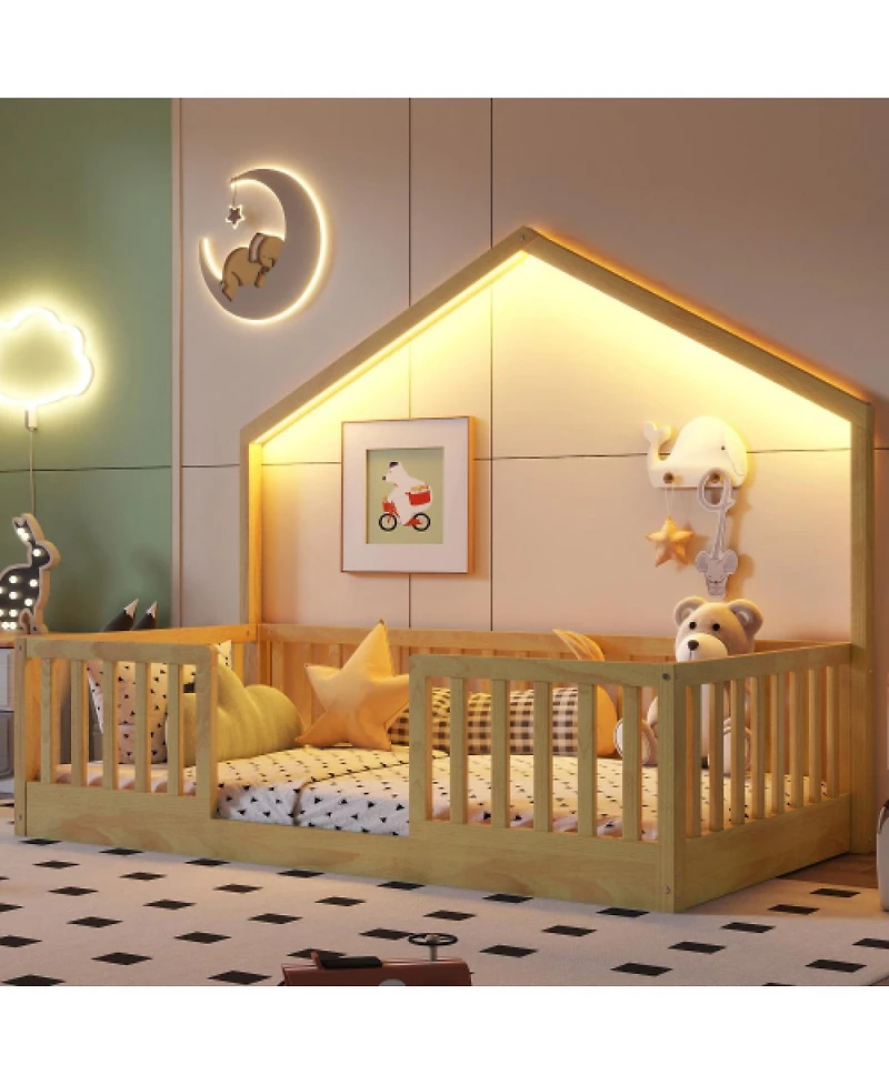 Streamdale Furniture Twin Floor Bed with High Rails and Light for Kids