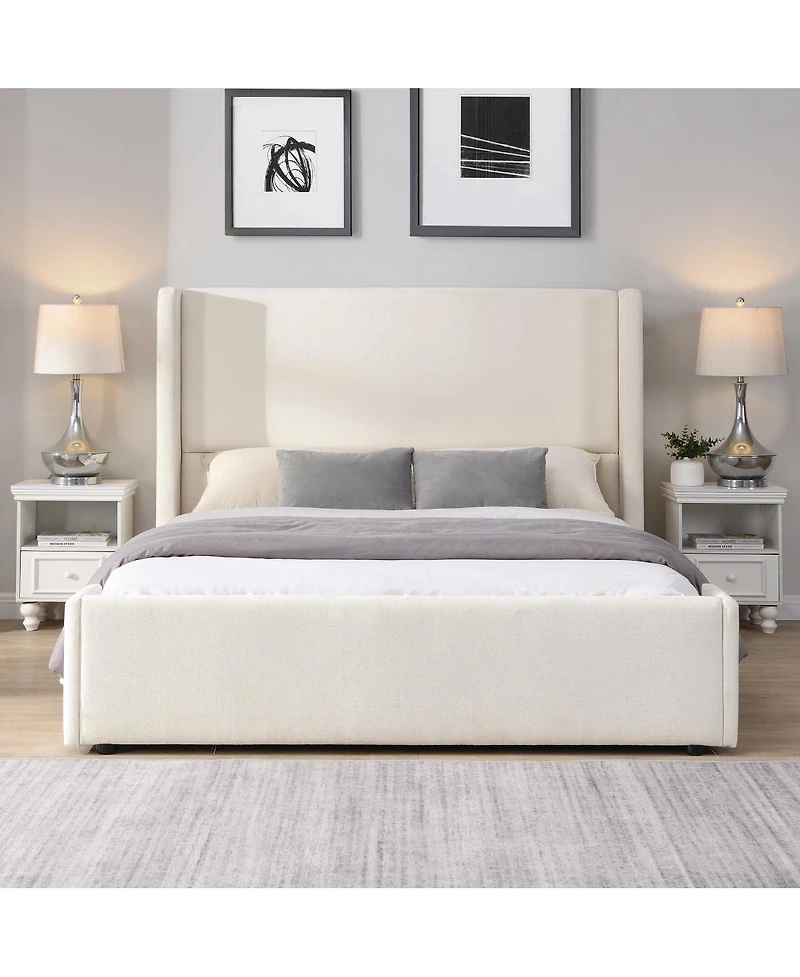 Streamdale Furniture Elegant White Fabric Upholstered Bed with Tall Headboard