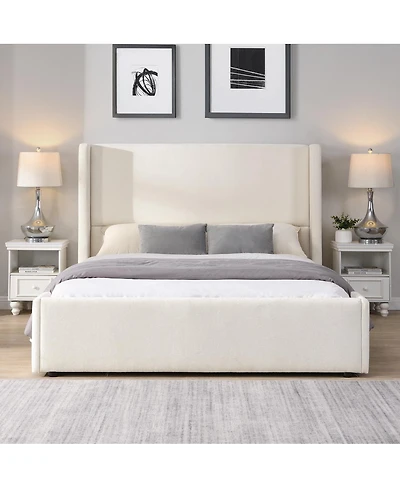 Streamdale Furniture Elegant White Fabric Upholstered Bed with Tall Headboard