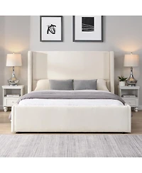 Streamdale Furniture Elegant White Fabric Upholstered Bed with Tall Headboard