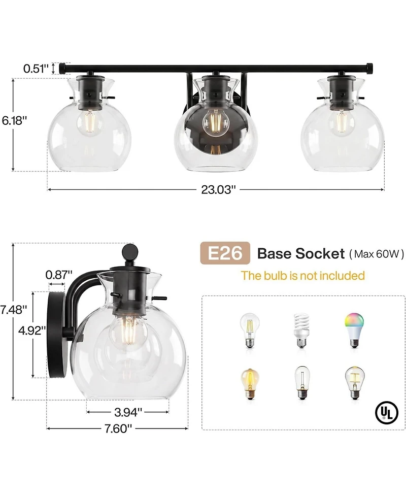 Tribesigns 3-Light Bathroom Vanity Light Wall Mount Fixture with Clear Glass Shades, Damp Rated for Bathroom, E26 Base