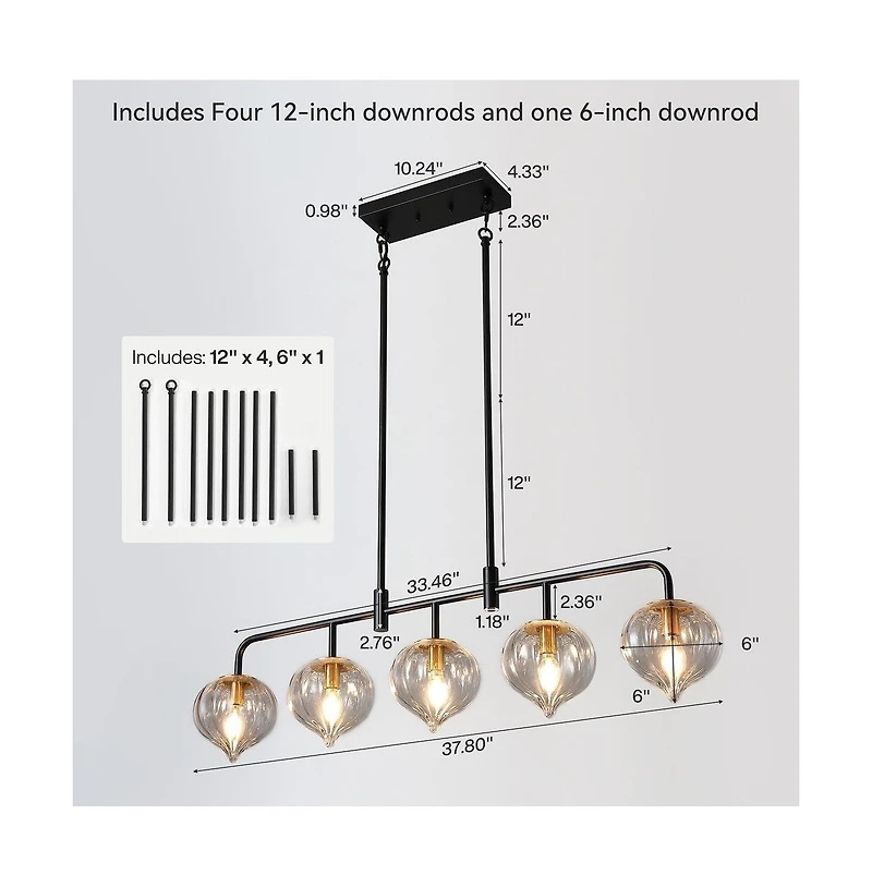 Tribesigns 5-Light Linear Kitchen Island Pendant Light with Adjustable Downrods