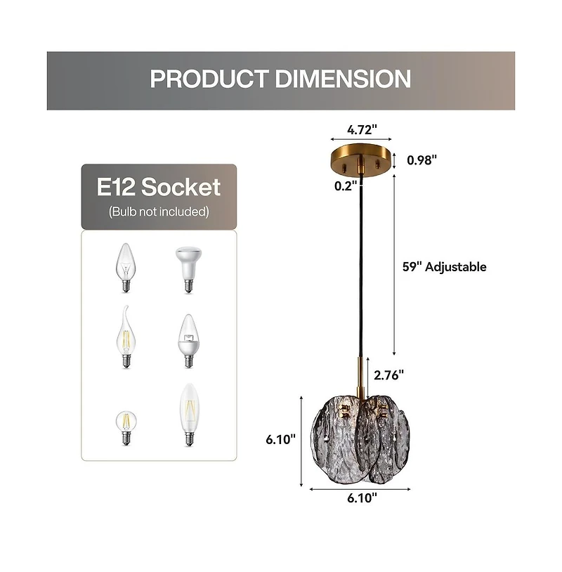 Tribesigns 1-Light Smoky Glass Pendant Light with Adjustable Height