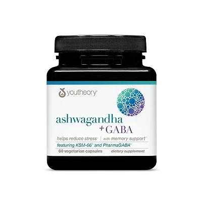 Youtheory Ashwagandha Plus Gaba Ksm 66 and Ginger Aids Stress Relief and Mood Supports Energy 60 Veg Capsules 30-Day Supply