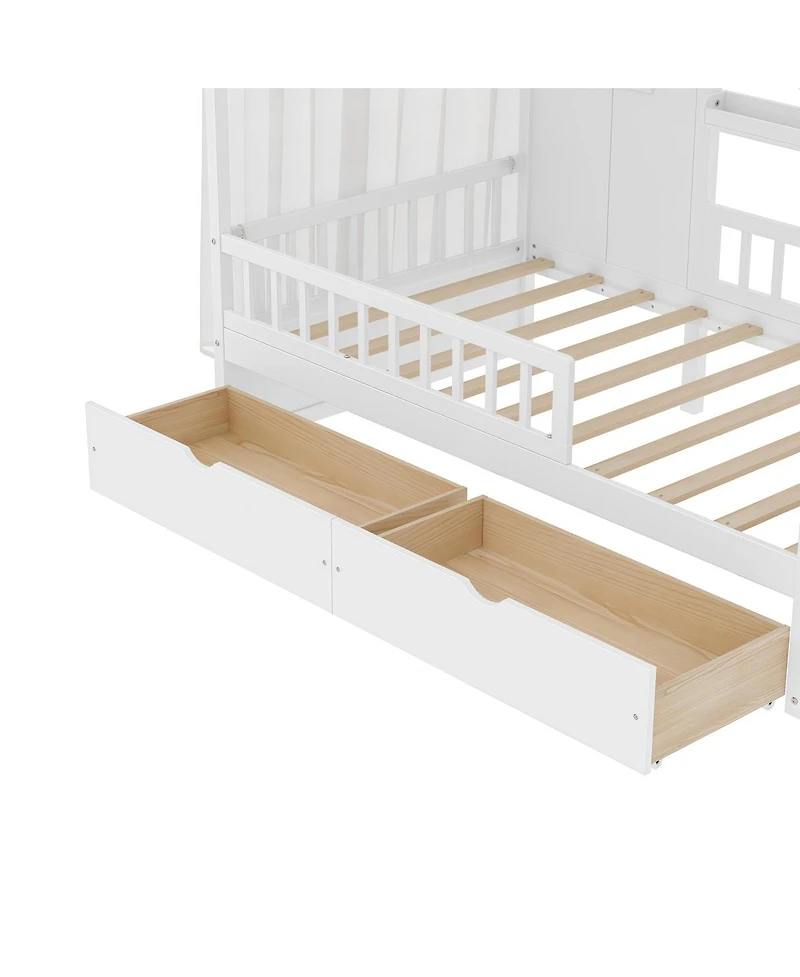 Streamdale Furniture Kids Twin Floor Bed with Roof, Curtains, Guardrails and 2 Drawers