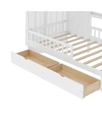 Streamdale Furniture Kids Twin Floor Bed with Roof, Curtains, Guardrails and 2 Drawers
