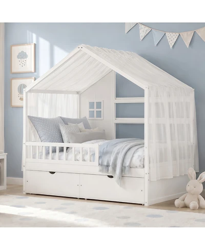 Streamdale Furniture Kids Twin Floor Bed with Roof, Curtains, Guardrails and 2 Drawers