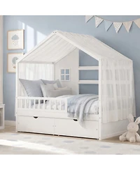 Streamdale Furniture Kids Twin Floor Bed with Roof, Curtains, Guardrails and 2 Drawers